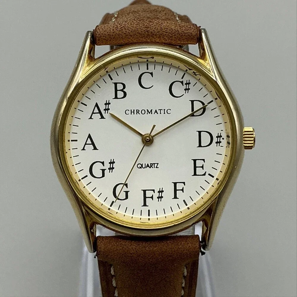 Chromatic Womens Watch 33mm Musical Note Dial Leather Gold Tone New Battery